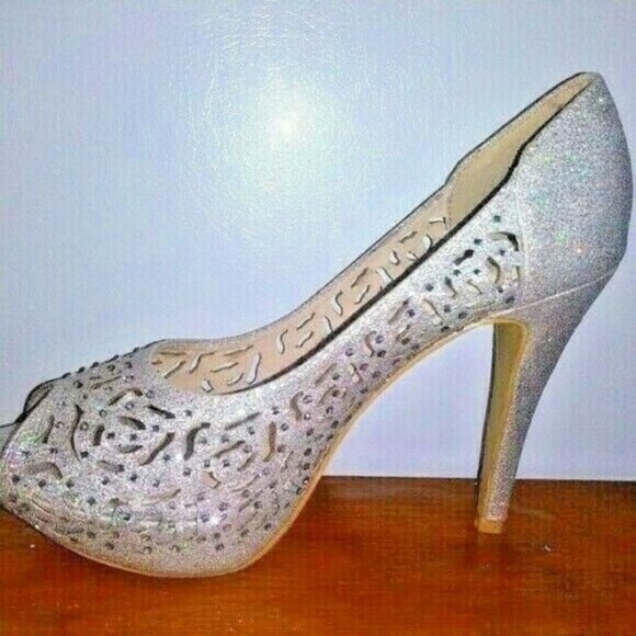 TOP Moda Silver stilettos Peep toe shimmery embellished fancy party Cinderella - Picture 3 of 11